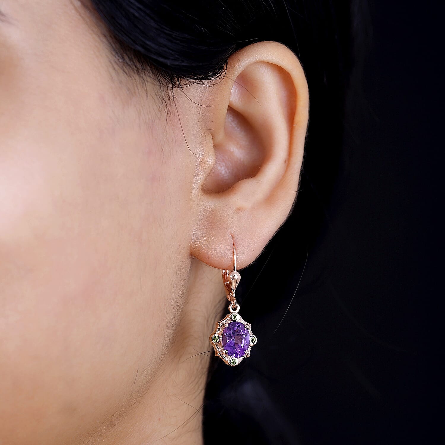 Natural Rose De Morocco, Natural Chrome Diopside Solitaire Lever Back Earring With Lever Back in 18K Vermeil Rose Gold Plated  3.58 Ct.