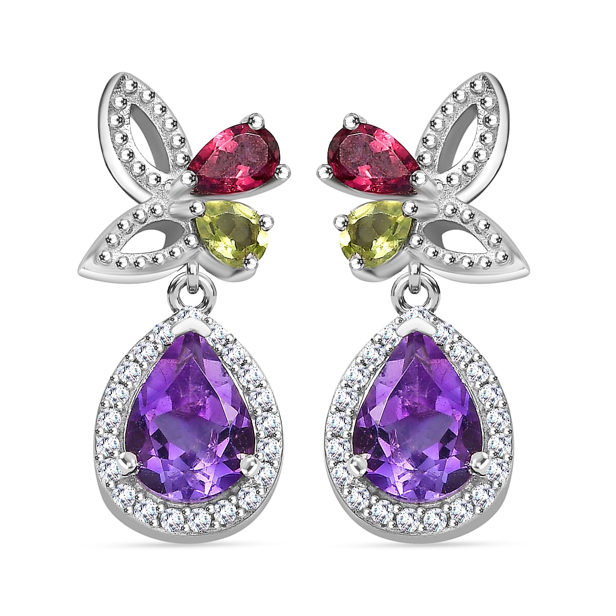 Butterfly Inspired Natural Rose De Morocco Amethyst & Multi Gemstone Earring With Push Back in Rhodium Sterling Silver 3.27 Ct