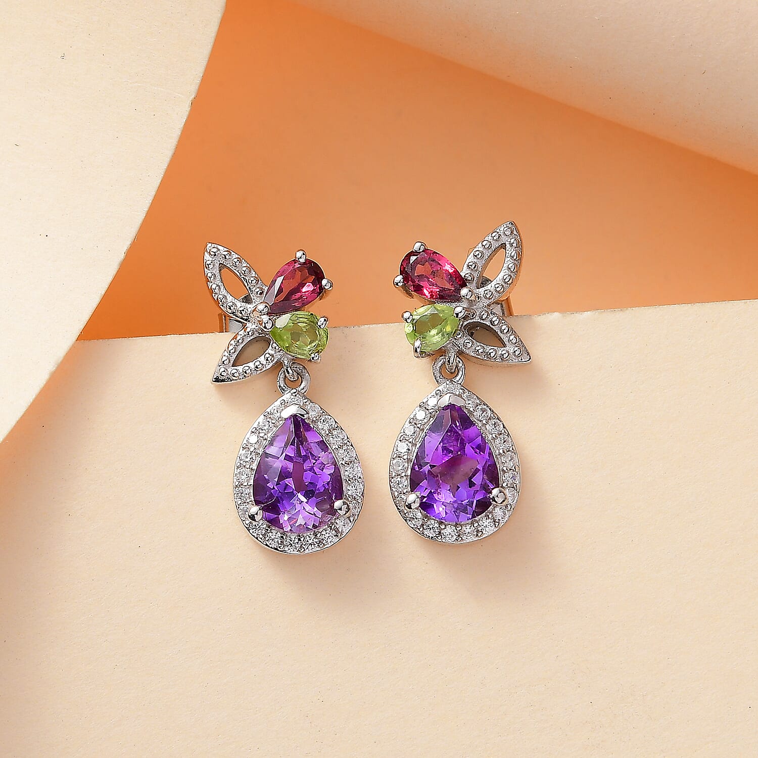 Butterfly Inspired Natural Rose De Morocco Amethyst & Multi Gemstone Earring With Push Back in Rhodium Sterling Silver 3.27 Ct