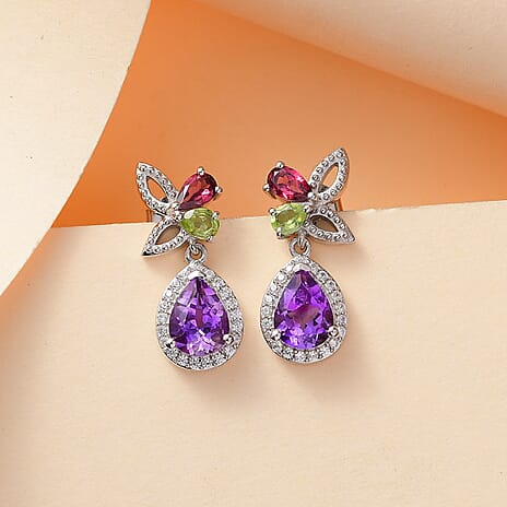 Butterfly Inspired Natural Rose De Morocco Amethyst & Multi Gemstone Earring With Push Back in Rhodium Sterling Silver 3.27 Ct