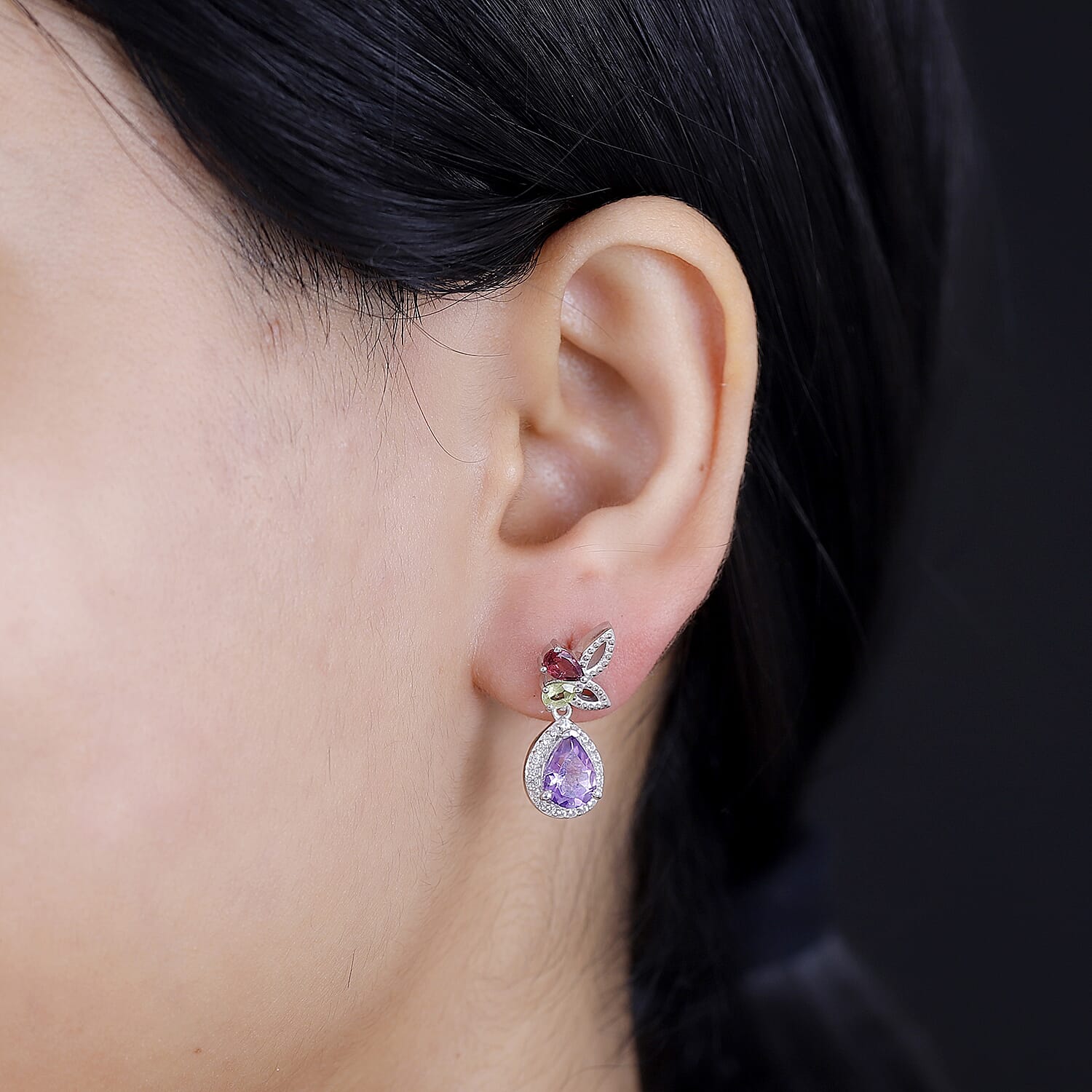 Butterfly Inspired Natural Rose De Morocco Amethyst & Multi Gemstone Earring With Push Back in Rhodium Sterling Silver 3.27 Ct