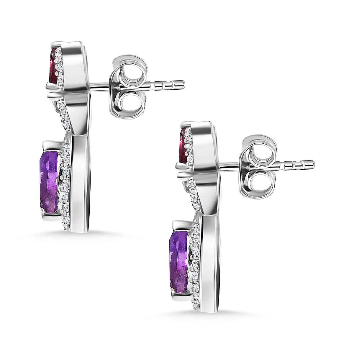 Butterfly Inspired Natural Rose De Morocco Amethyst & Multi Gemstone Earring With Push Back in Rhodium Sterling Silver 3.27 Ct