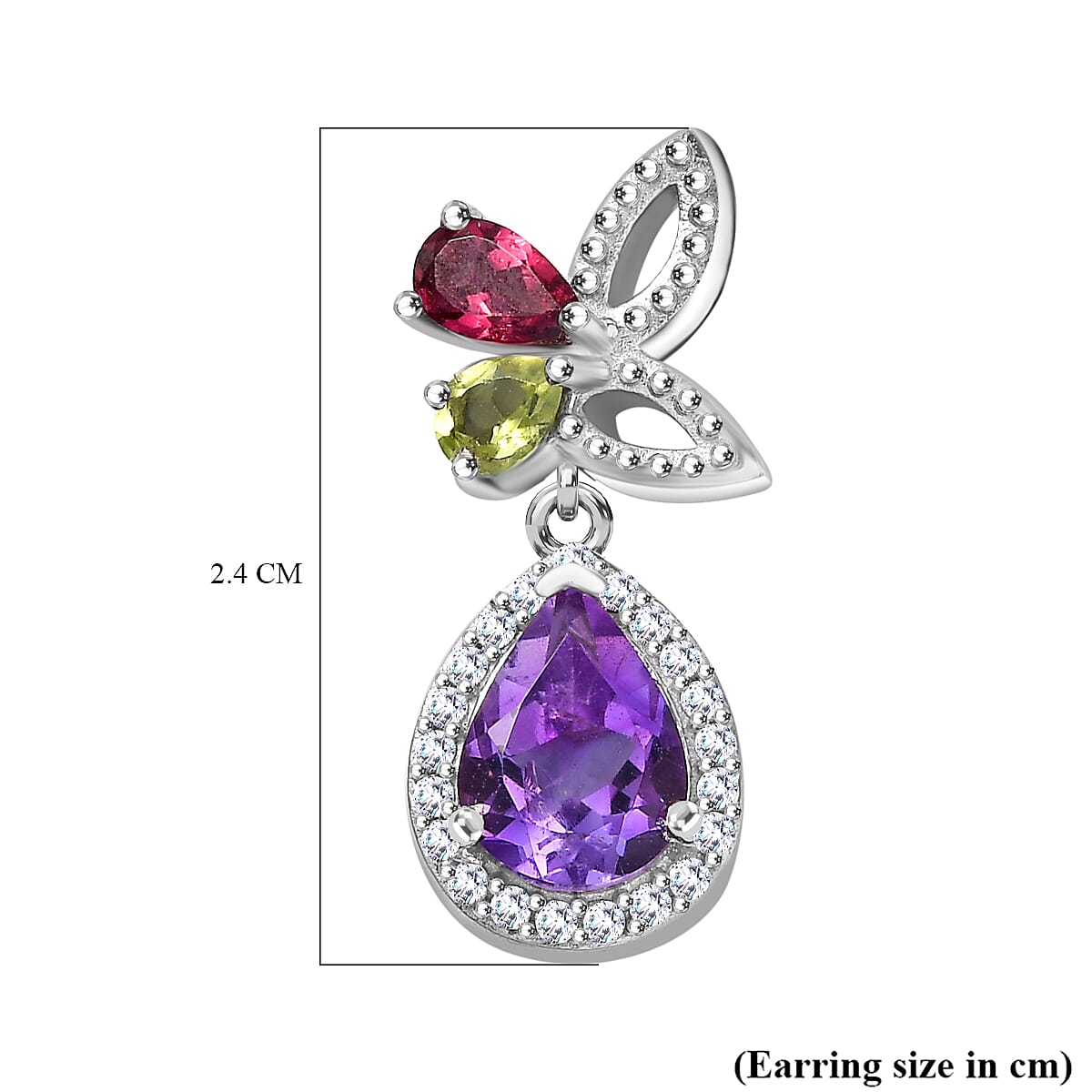 Butterfly Inspired Natural Rose De Morocco Amethyst & Multi Gemstone Earring With Push Back in Rhodium Sterling Silver 3.27 Ct
