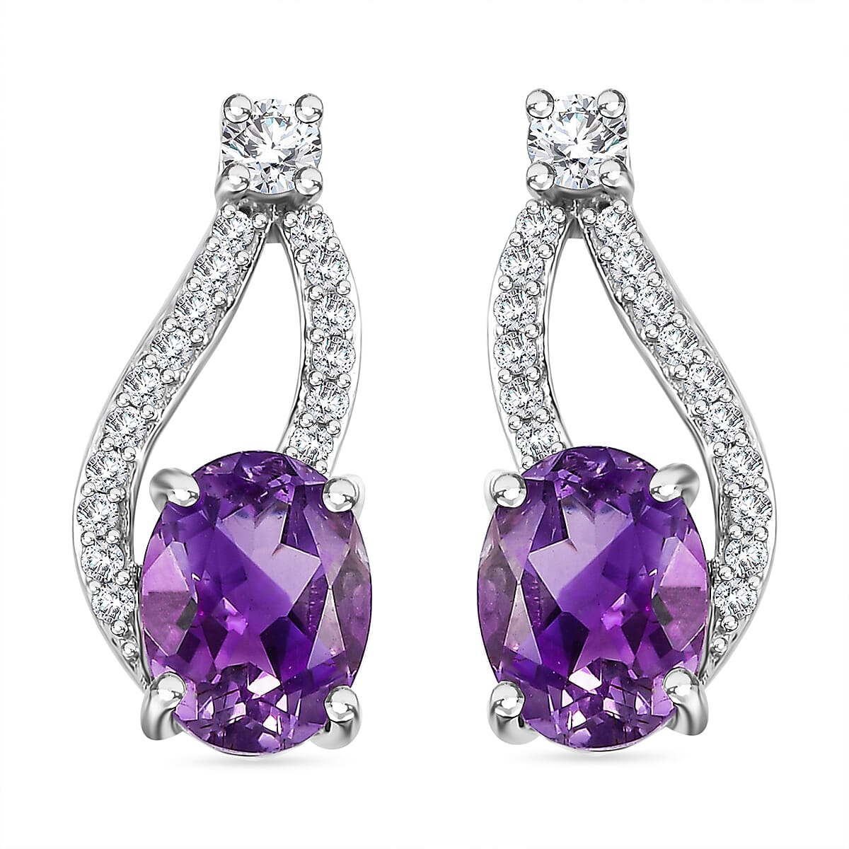 Water Wave Inspired Natural Rose De Morocco Amethyst, White Zircon Solitaire Stud With Push Back Earring in Rhodium Sterling Silver 2.89 Ct.