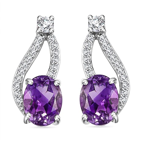 Water Wave Inspired Natural Rose De Morocco Amethyst, White Zircon Solitaire Stud With Push Back Earring in Rhodium Sterling Silver 2.89 Ct.