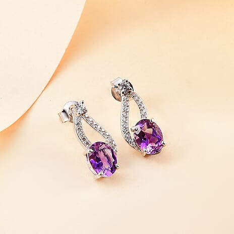 Water Wave Inspired Natural Rose De Morocco Amethyst, White Zircon Solitaire Stud With Push Back Earring in Rhodium Sterling Silver 2.89 Ct.