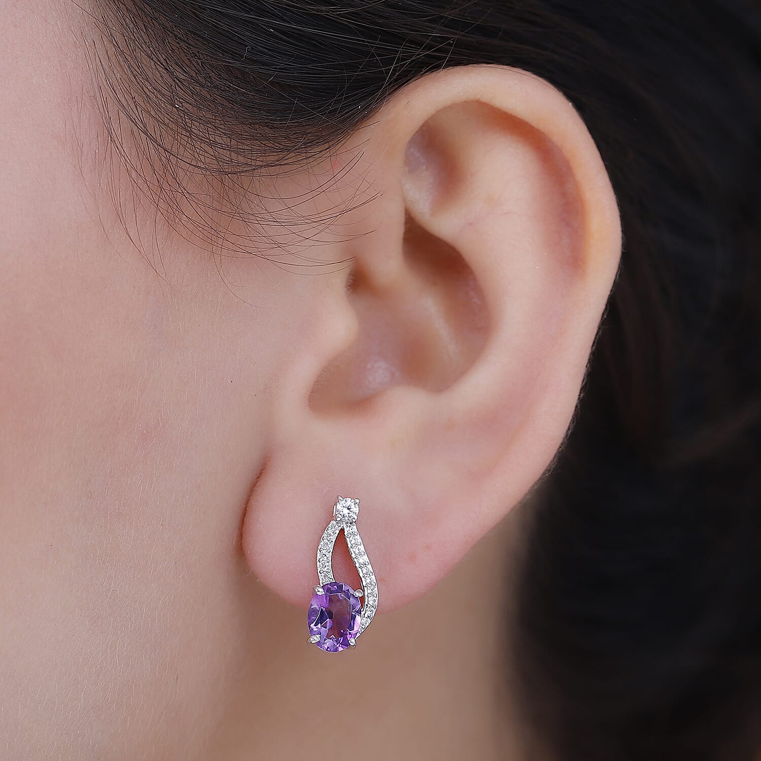 Water Wave Inspired Natural Rose De Morocco Amethyst, White Zircon Solitaire Stud With Push Back Earring in Rhodium Sterling Silver 2.89 Ct.