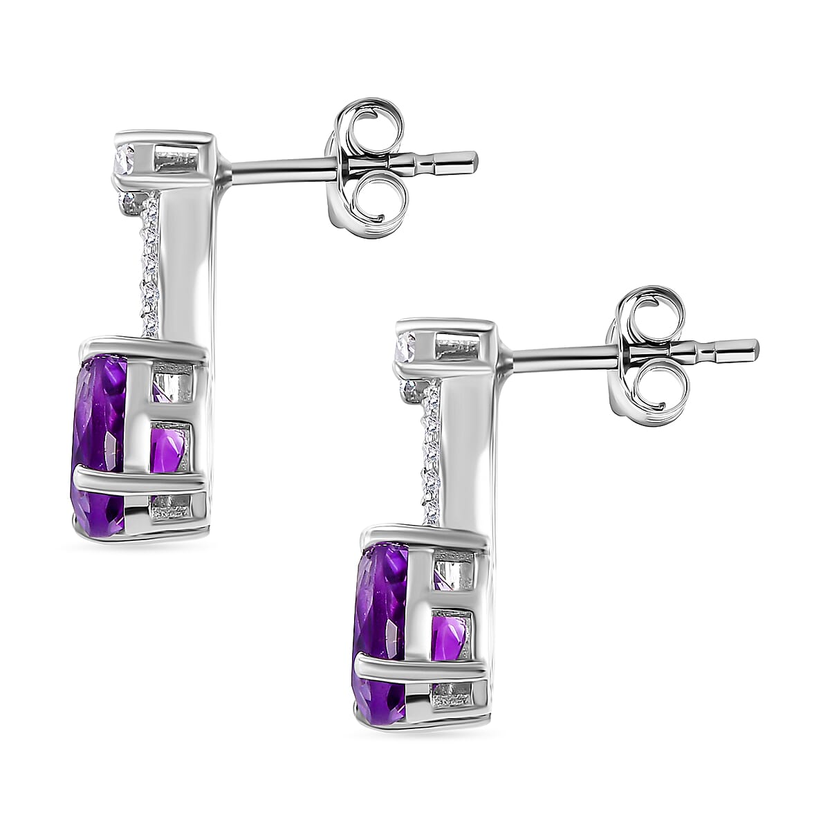 Water Wave Inspired Natural Rose De Morocco Amethyst, White Zircon Solitaire Stud With Push Back Earring in Rhodium Sterling Silver 2.89 Ct.