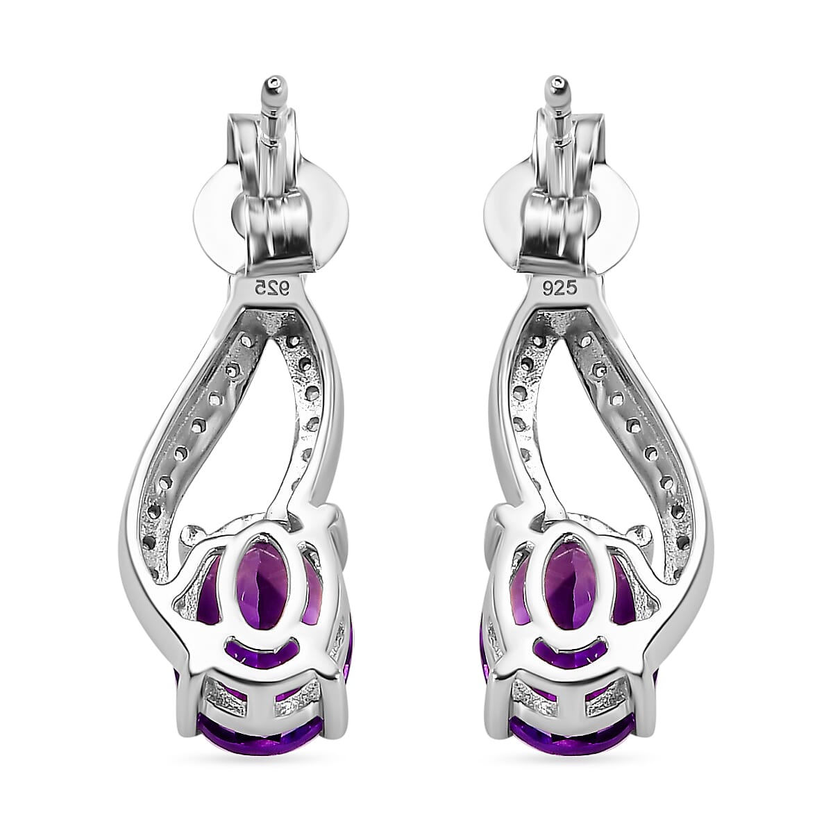 Water Wave Inspired Natural Rose De Morocco Amethyst, White Zircon Solitaire Stud With Push Back Earring in Rhodium Sterling Silver 2.89 Ct.
