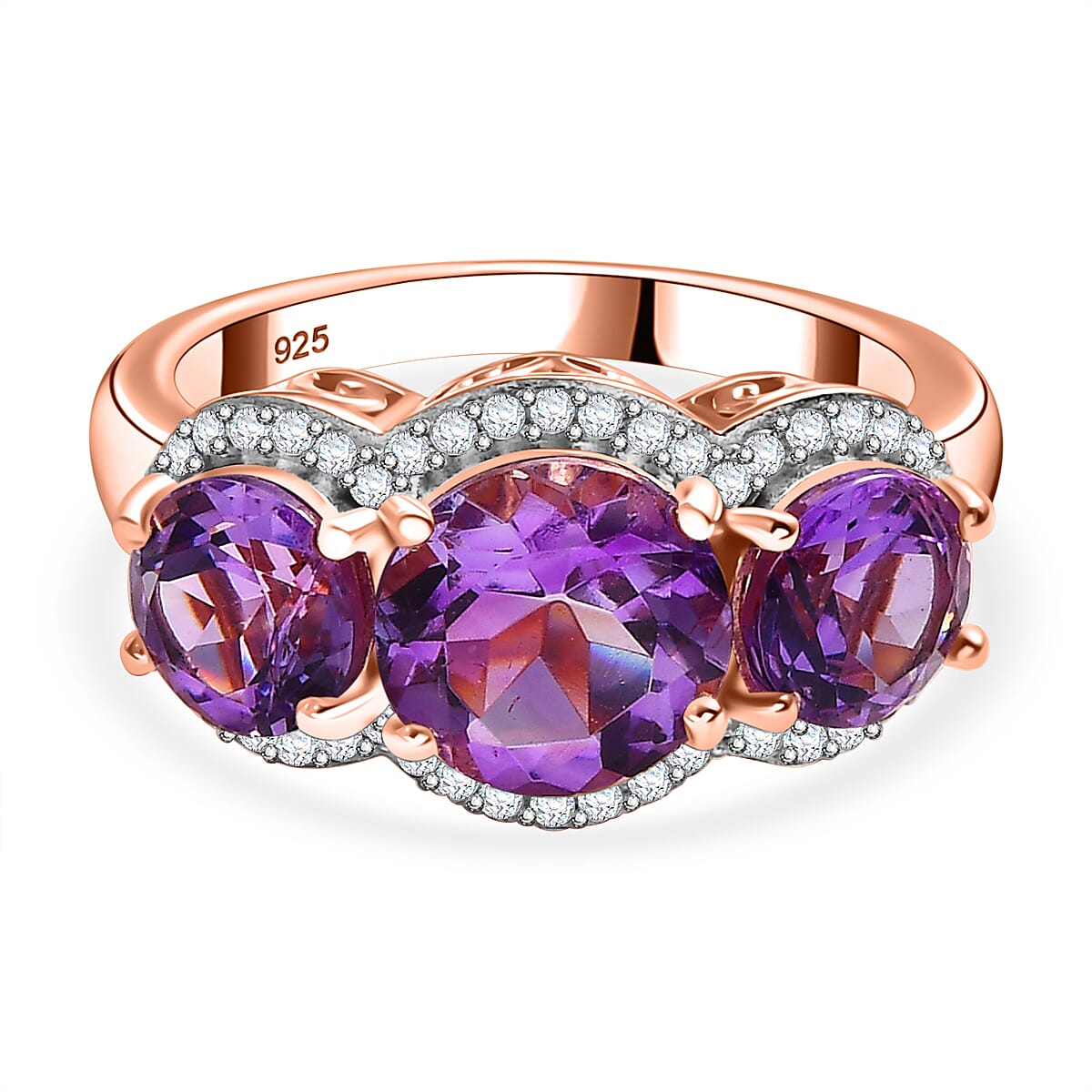 Moroccan Amethyst & Multi Gemstone Trilogy Ring in 18K Vermeil Rose Gold Plated Sterling Silver 3.95 Ct