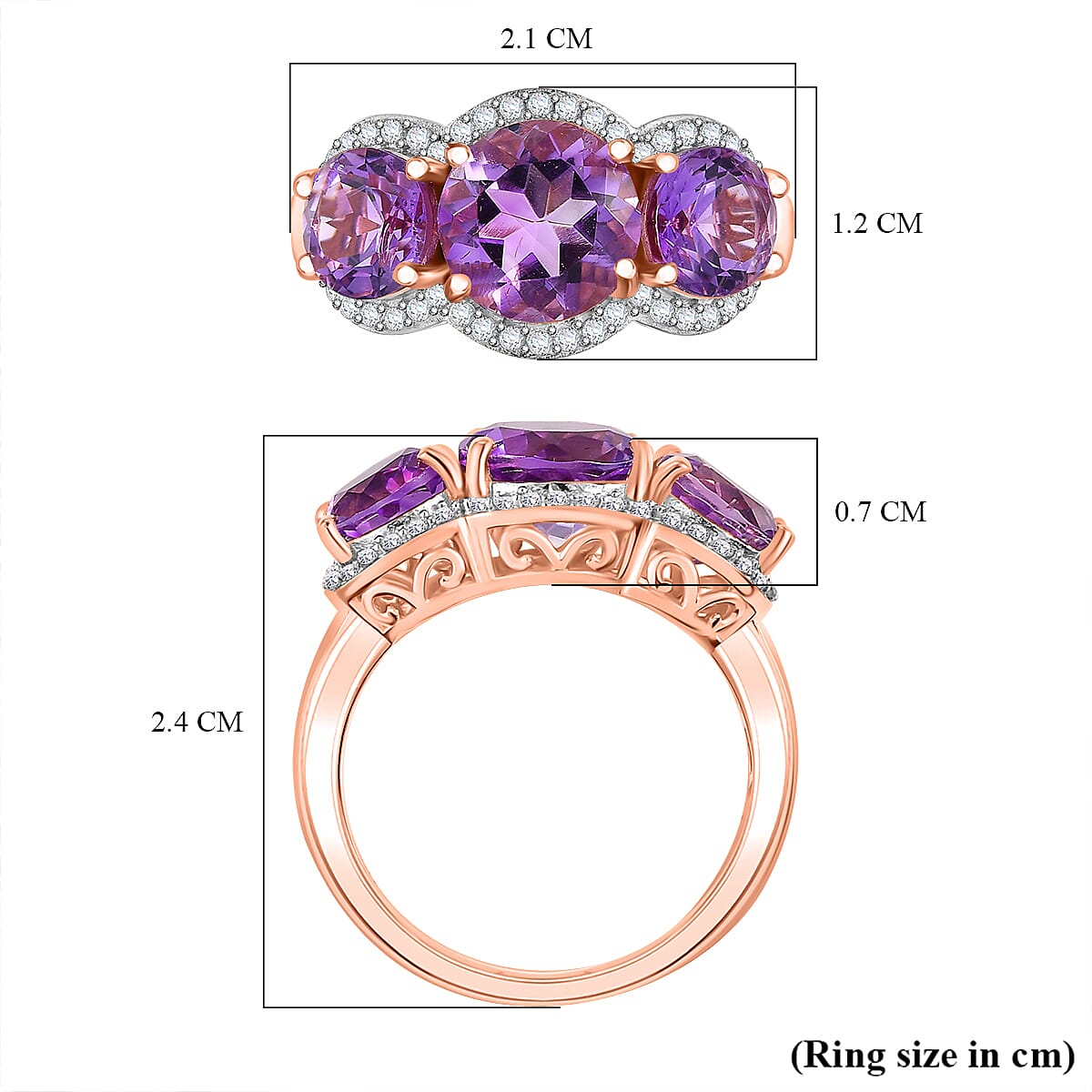 Moroccan Amethyst & Multi Gemstone Trilogy Ring in 18K Vermeil Rose Gold Plated Sterling Silver 3.95 Ct