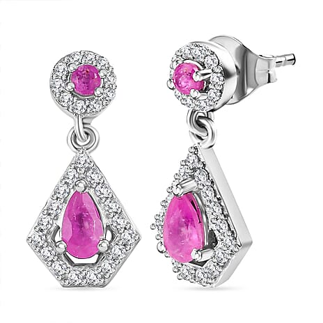 Mozambique Ruby & White Zircon Dangling Earring in Rhodium Overlay Sterling Silver 1.09 Ct.