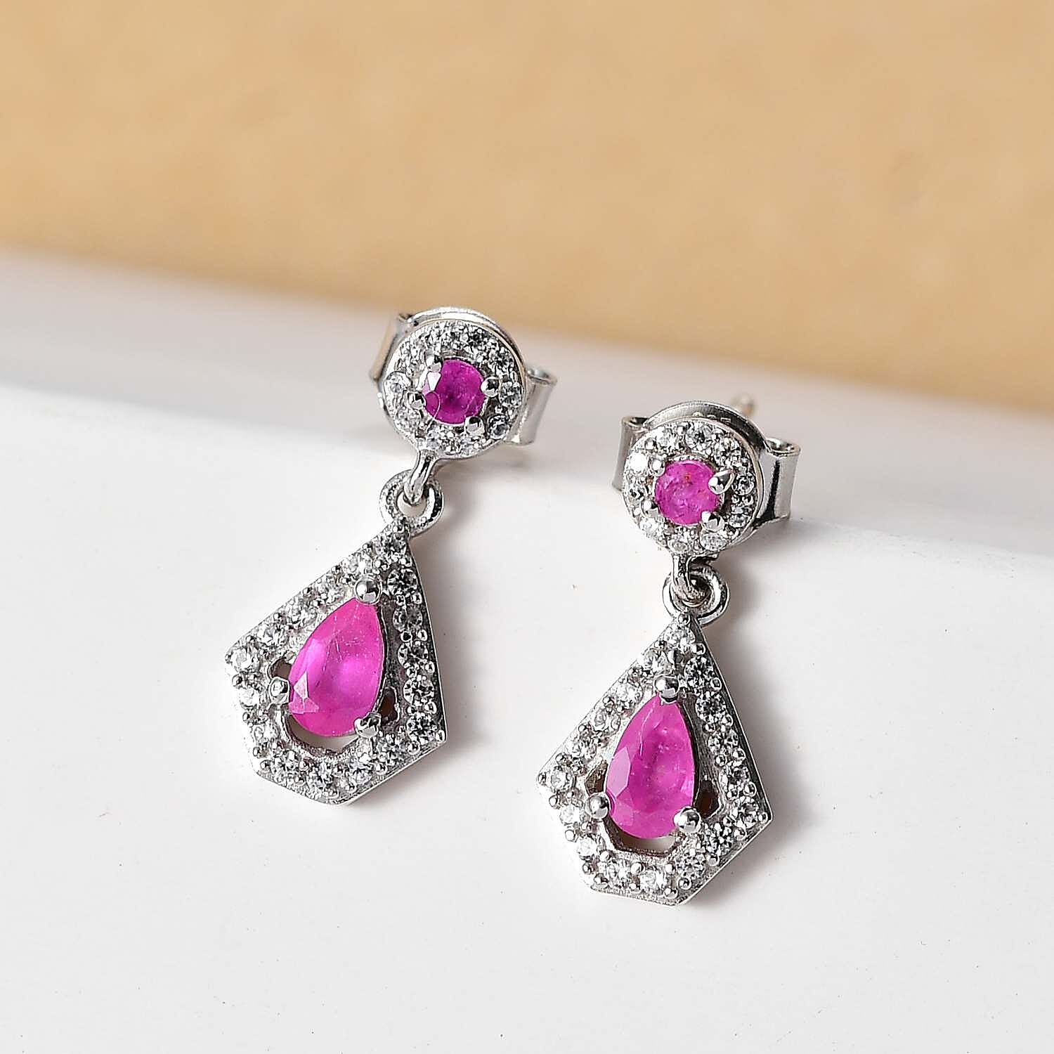 Mozambique Ruby & White Zircon Dangling Earring in Rhodium Overlay Sterling Silver 1.09 Ct.