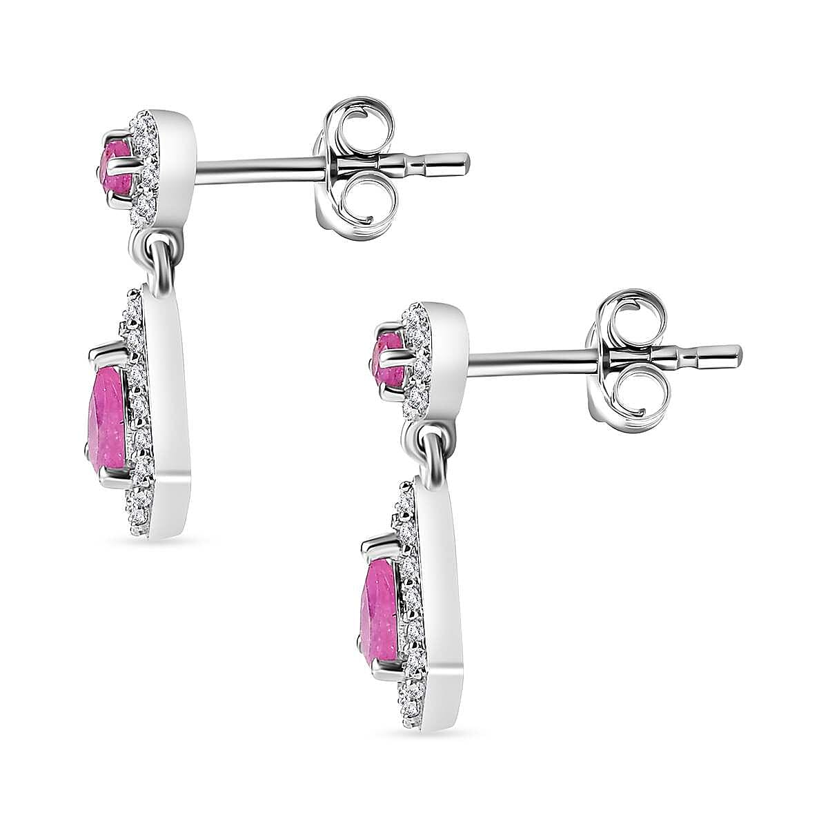 Mozambique Ruby & White Zircon Dangling Earring in Rhodium Overlay Sterling Silver 1.09 Ct.