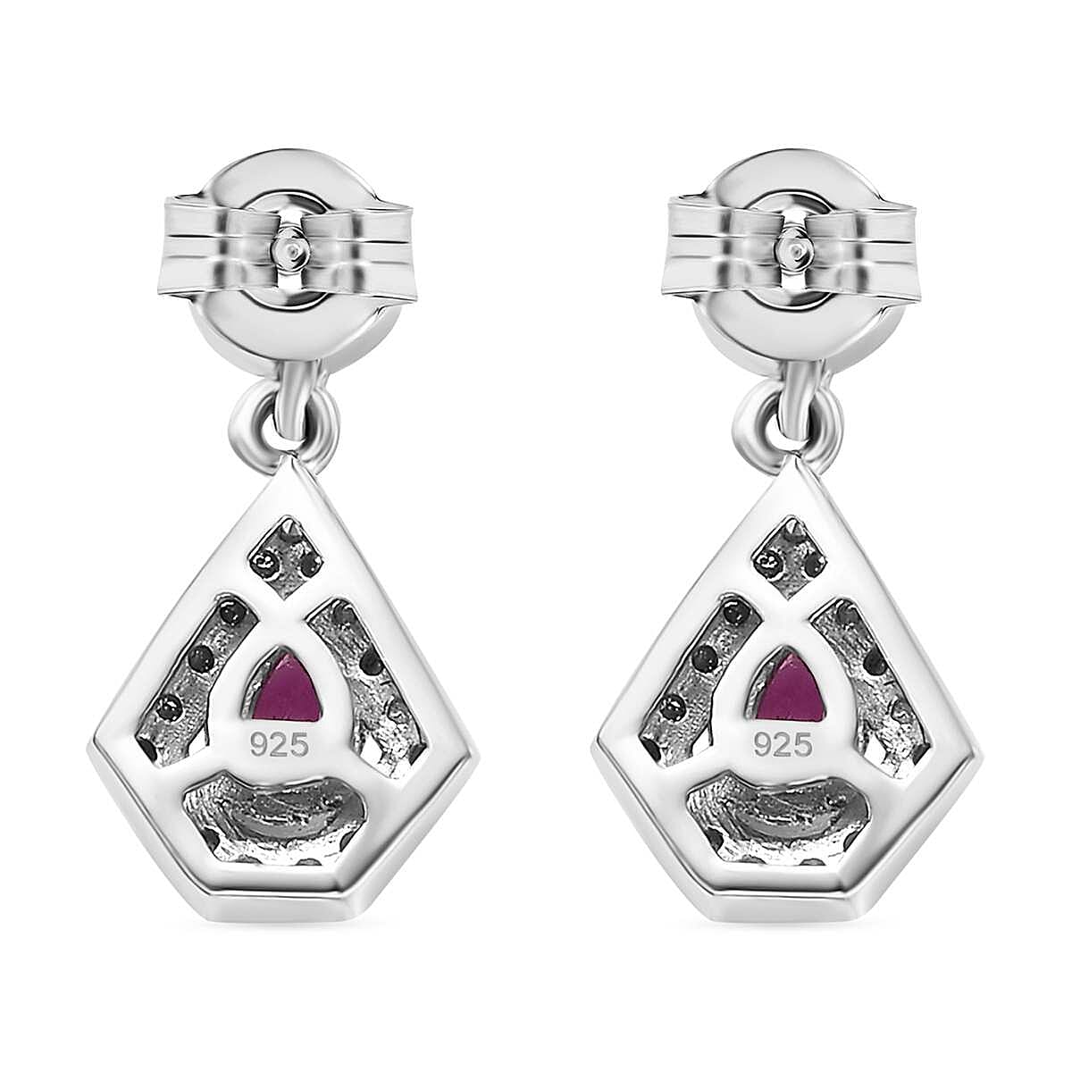 Mozambique Ruby & White Zircon Dangling Earring in Rhodium Overlay Sterling Silver 1.09 Ct.
