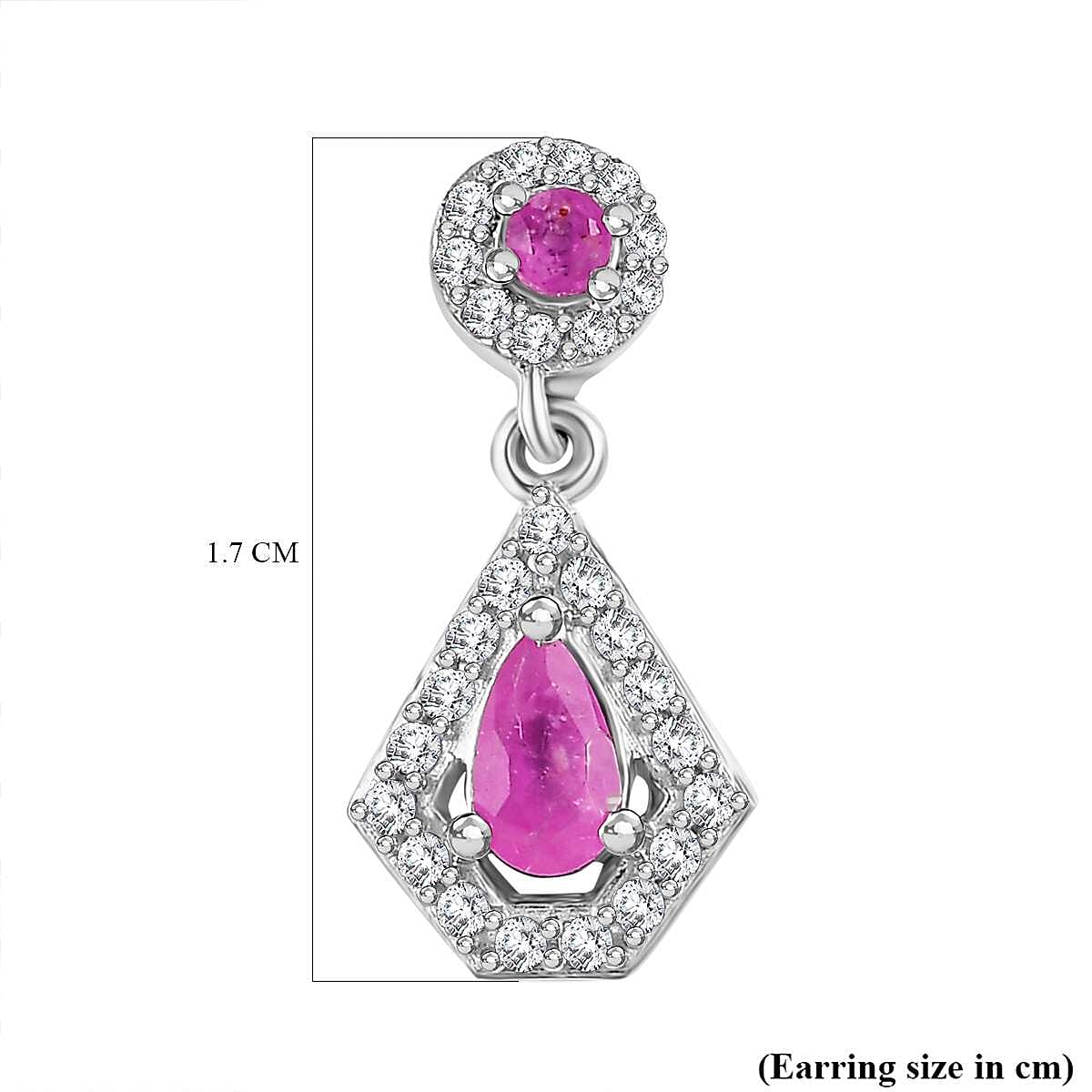 Mozambique Ruby & White Zircon Dangling Earring in Rhodium Overlay Sterling Silver 1.09 Ct.