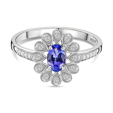 Premium AAA Tanzanite & White Zircon Ring in Rhodium Overlay Sterling Silver