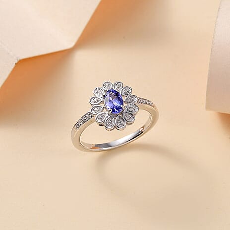 Premium AAA Tanzanite & White Zircon Ring in Rhodium Overlay Sterling Silver