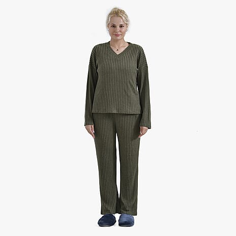 La Marey Two-Piece Washable Knit Ribbed Loungwear Set (Size S) - Green