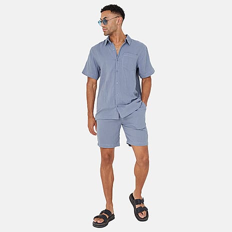 Brave Soul 100% Cotton Mens Short Sleeved Natural Crimp Effect Shirt with Regular Collar (Size L) - Mid Blue