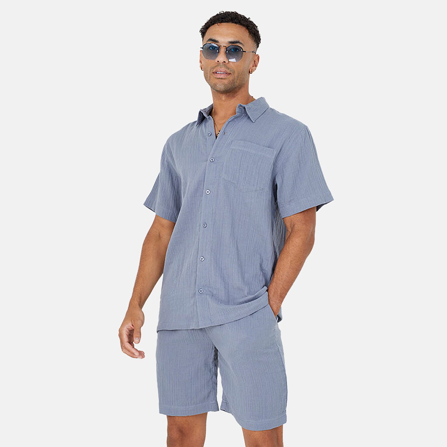 Brave Soul 100% Cotton Mens Short Sleeved Natural Crimp Effect Shirt with Regular Collar (Size L) - Mid Blue