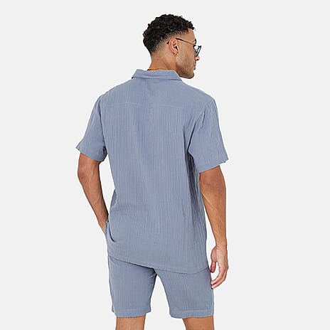 Brave Soul 100% Cotton Mens Short Sleeved Natural Crimp Effect Shirt with Regular Collar (Size M) - Mid Blue