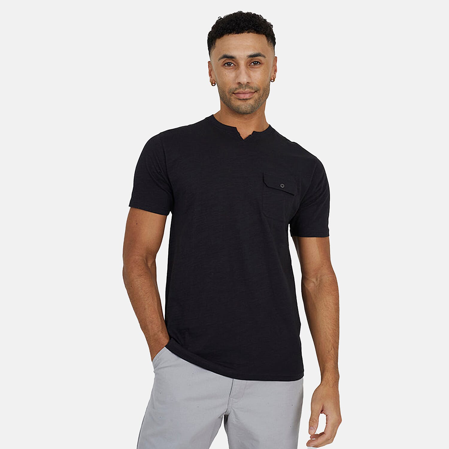 Brave Soul 100% Cotton Mens Short Sleeved V-Neck Tshirt with Patch Pocket (Size L) - Jet Black