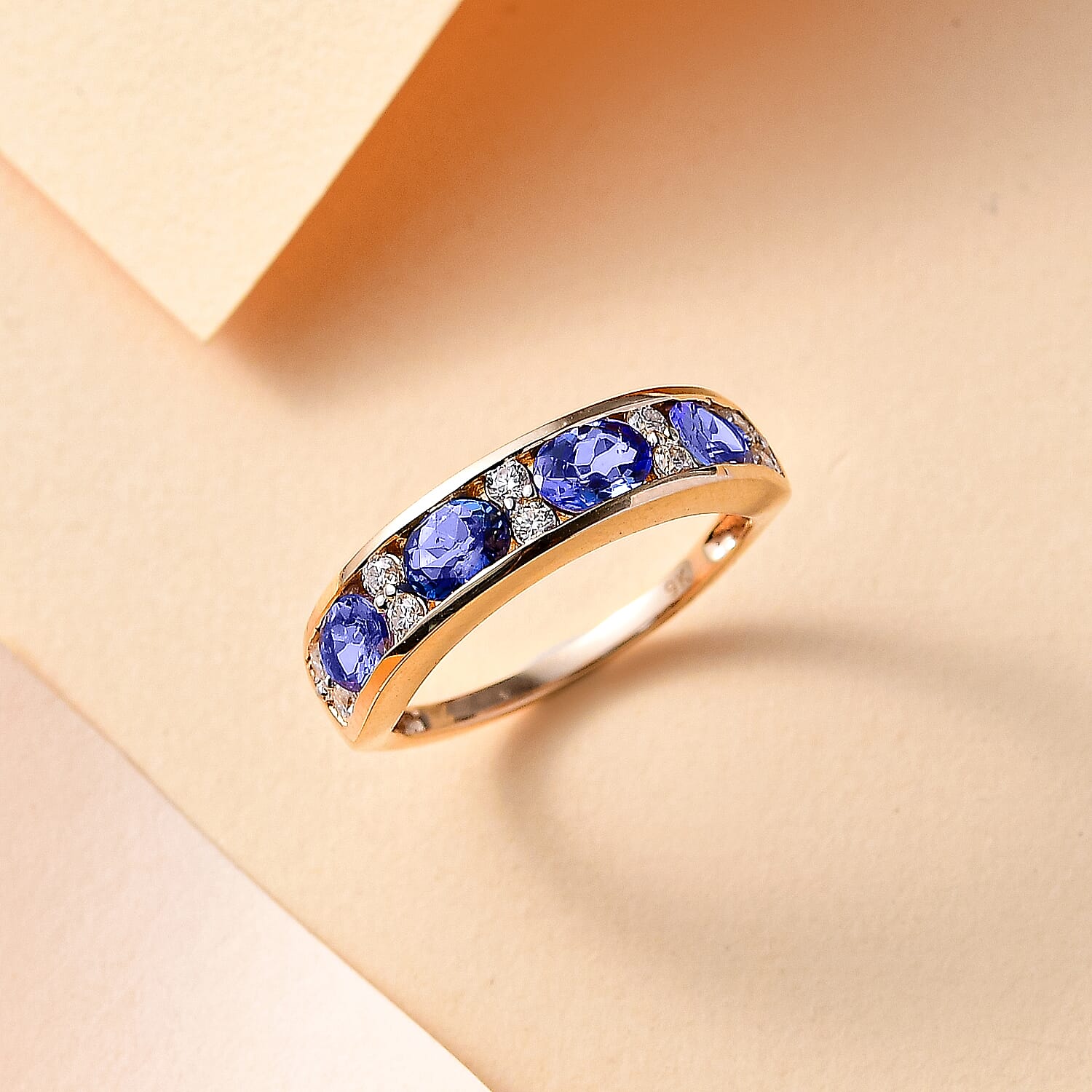 9K Yellow Gold AAA Tanzanite & Moissanite Band Ring 1.65 ct.