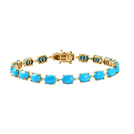 Sleeping Beauty Turquoise & SI-G-H Lab Grown Diamond Tennis Bracelet (Size - 7.5) with GB Lock Box in 18K Vermeil Yellow Gold Plated Sterling Silver 17.06 Ct, Silver Wt. 7.65 Gms.