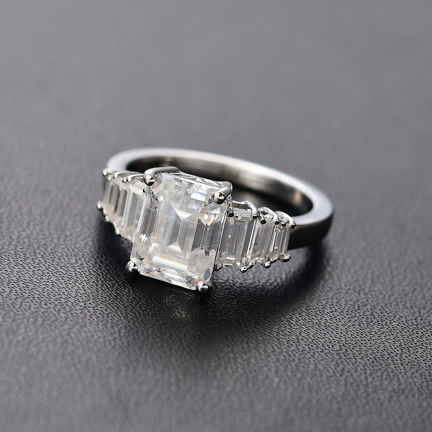 Moissanite Main Stone With Side Stone Ring in Rhodium Sterling Silver 3.27 Ct.