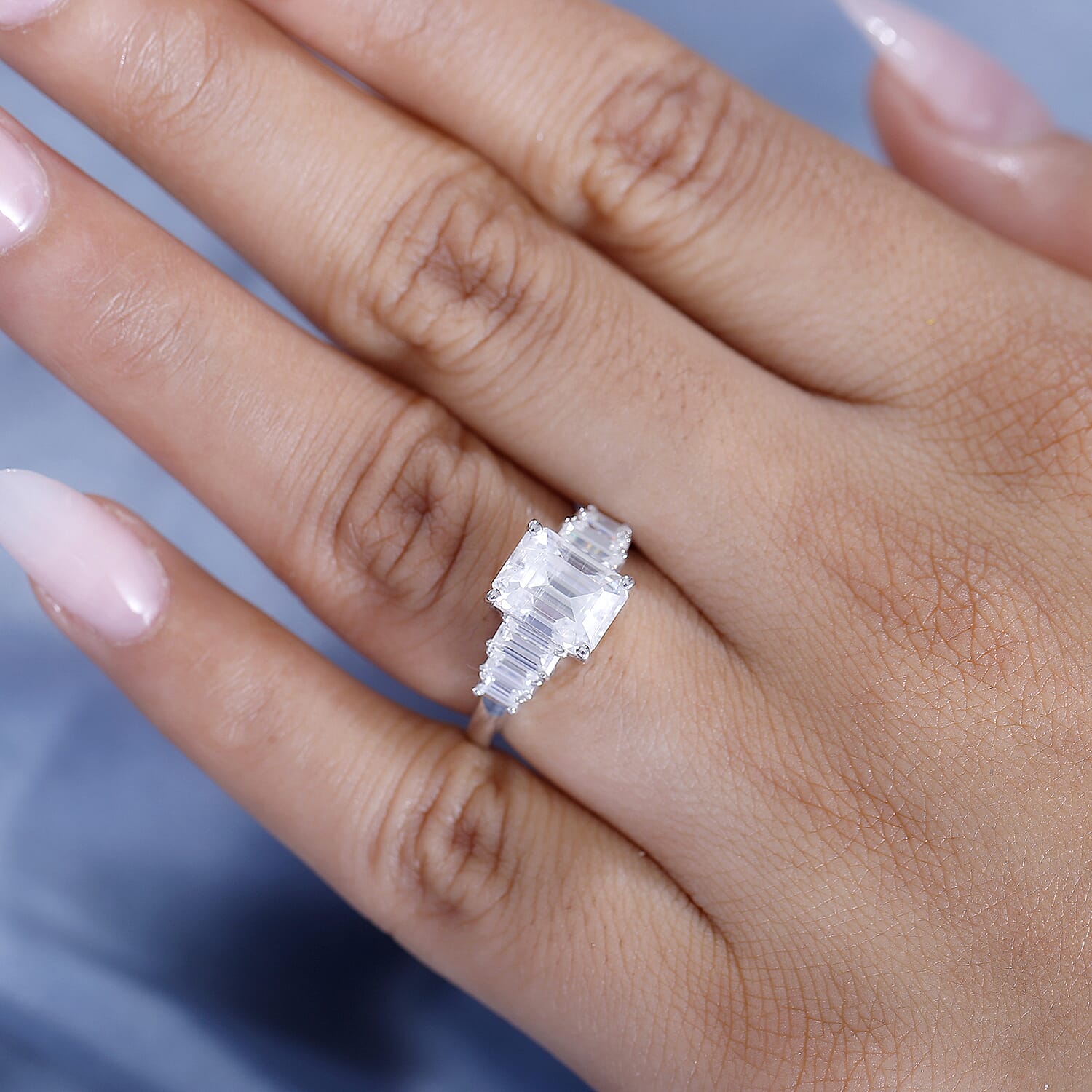 Moissanite Main Stone With Side Stone Ring in Rhodium Sterling Silver 3.27 Ct.