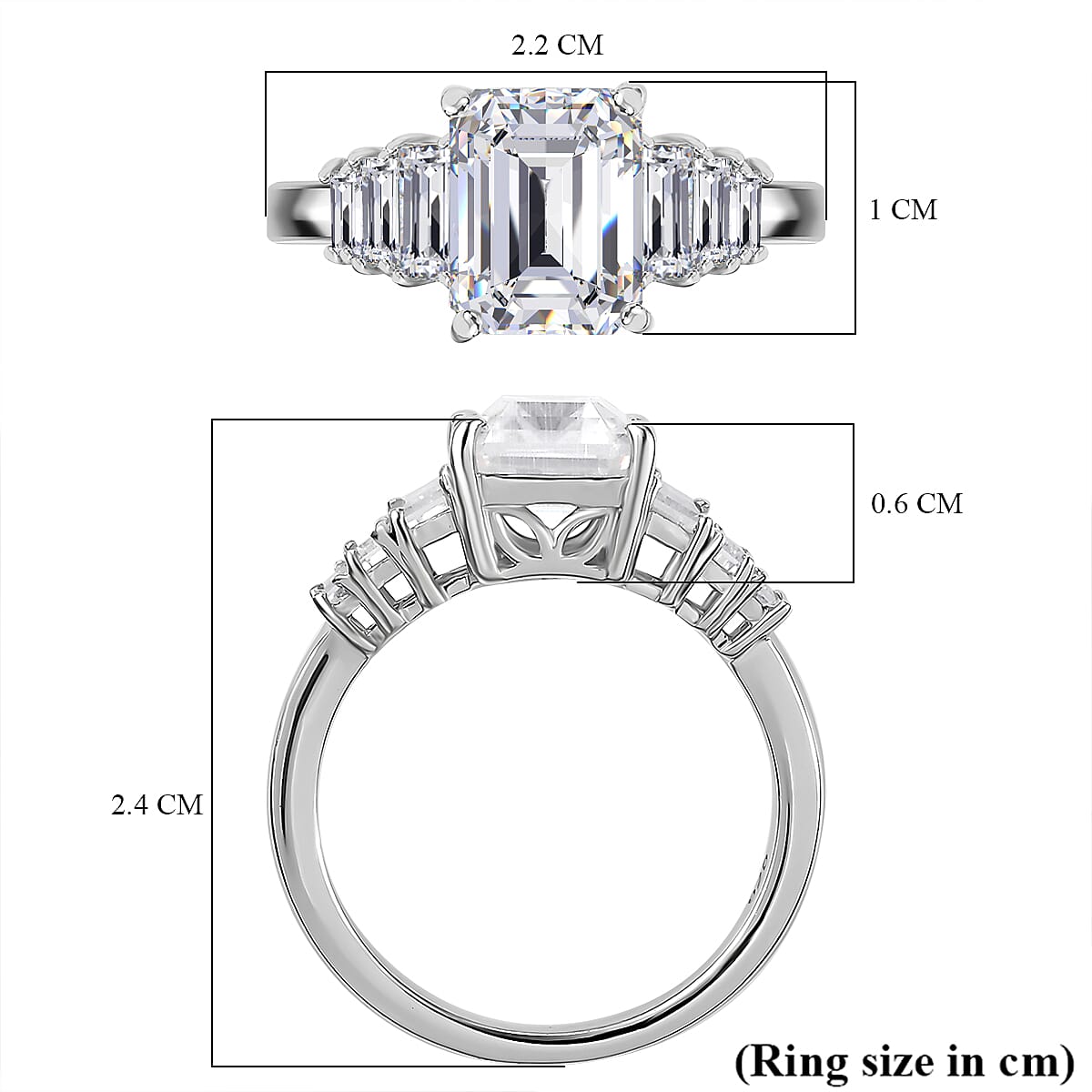 Moissanite Main Stone With Side Stone Ring in Rhodium Sterling Silver 3.27 Ct.