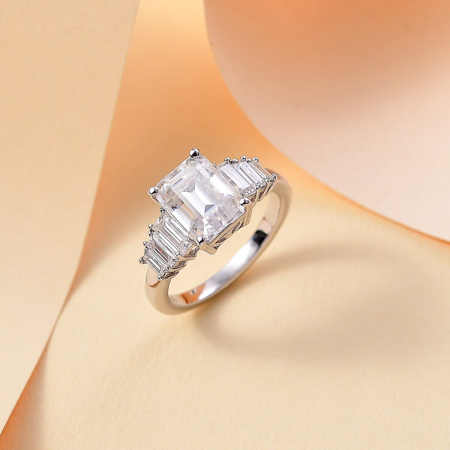 Moissanite Main Stone With Side Stone Ring in Rhodium Sterling Silver 3.27 Ct.