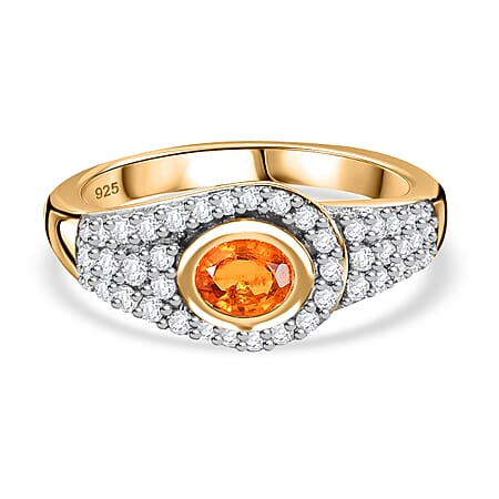 Spessartine Garnet, White Zircon Ring in 18K Yellow Gold Vermeil Plated Sterling Silver