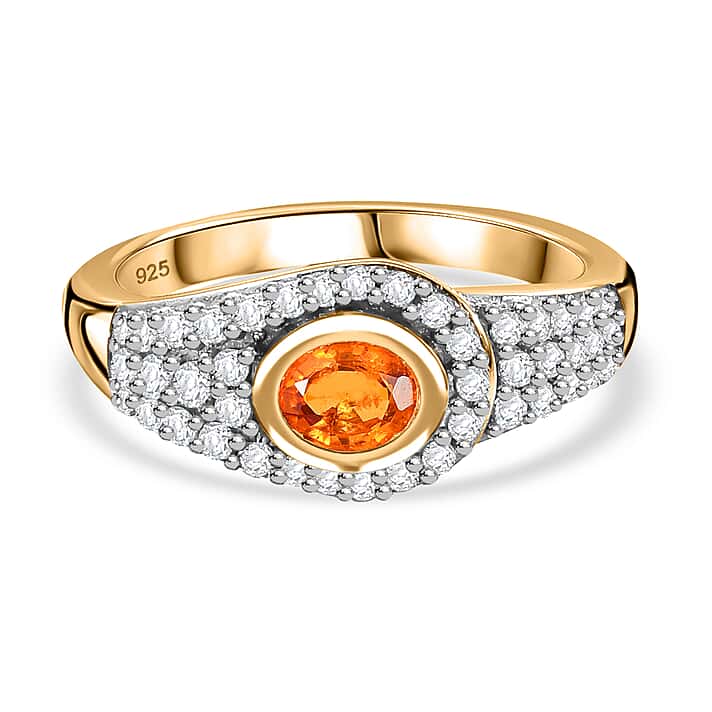 Spessartine Garnet, White Zircon Ring in 18K Yellow Gold Vermeil Plated Sterling Silver