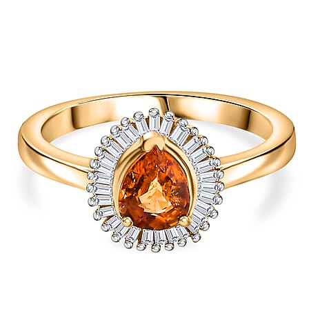 Spessartine Garnet & Diamond Halo Ring in 18K Vermeil Yellow Gold Plated Sterling Silver 1.00 Ct.