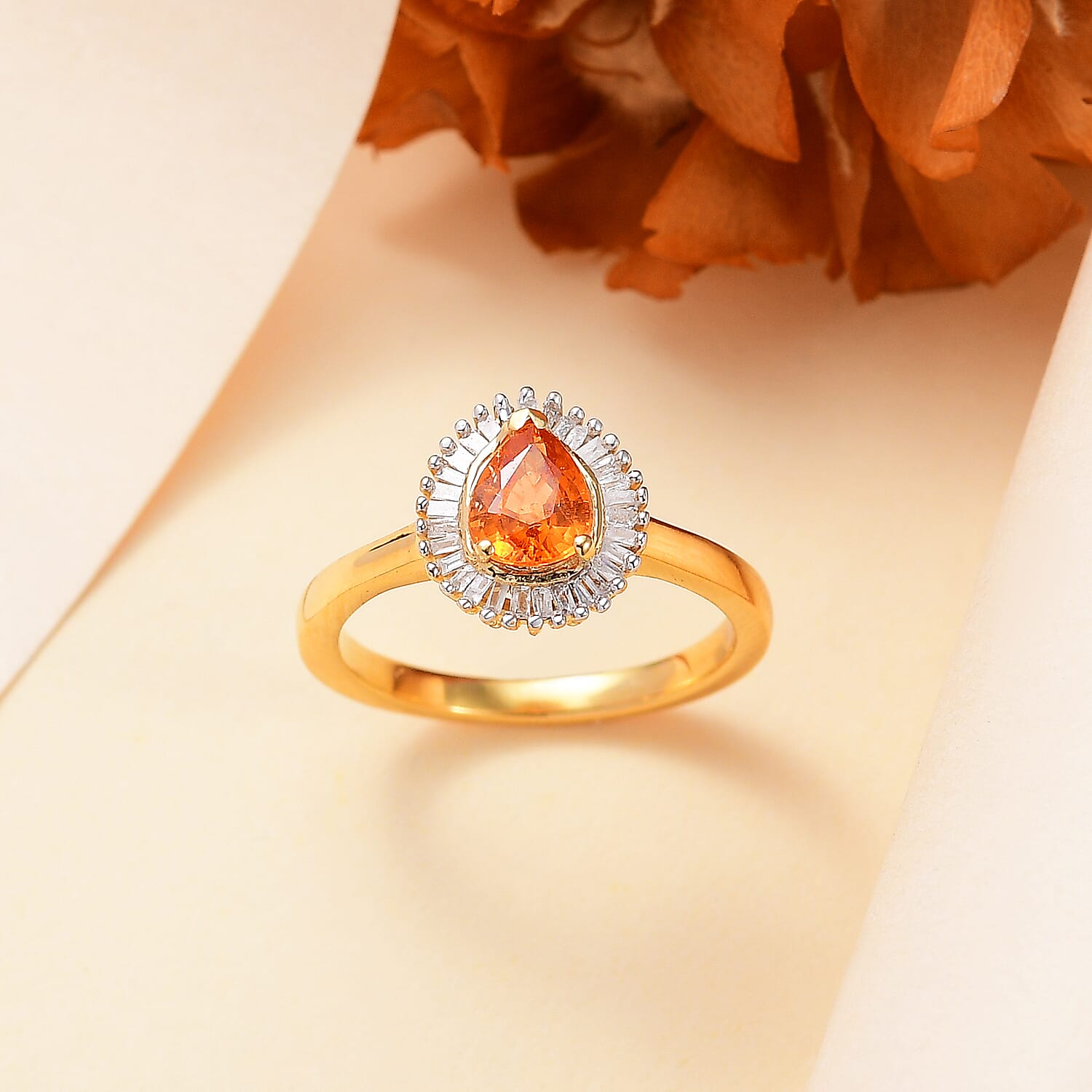 Spessartine Garnet & Diamond Halo Ring in 18K Vermeil Yellow Gold Plated Sterling Silver 1.00 Ct.