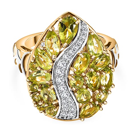 GP Peridot, Blue Sapphire, White Zircon Cluster Ring in 18K Vermeil Yellow Gold & Rhodium Overlay Sterling Silver 3.90 Ct.