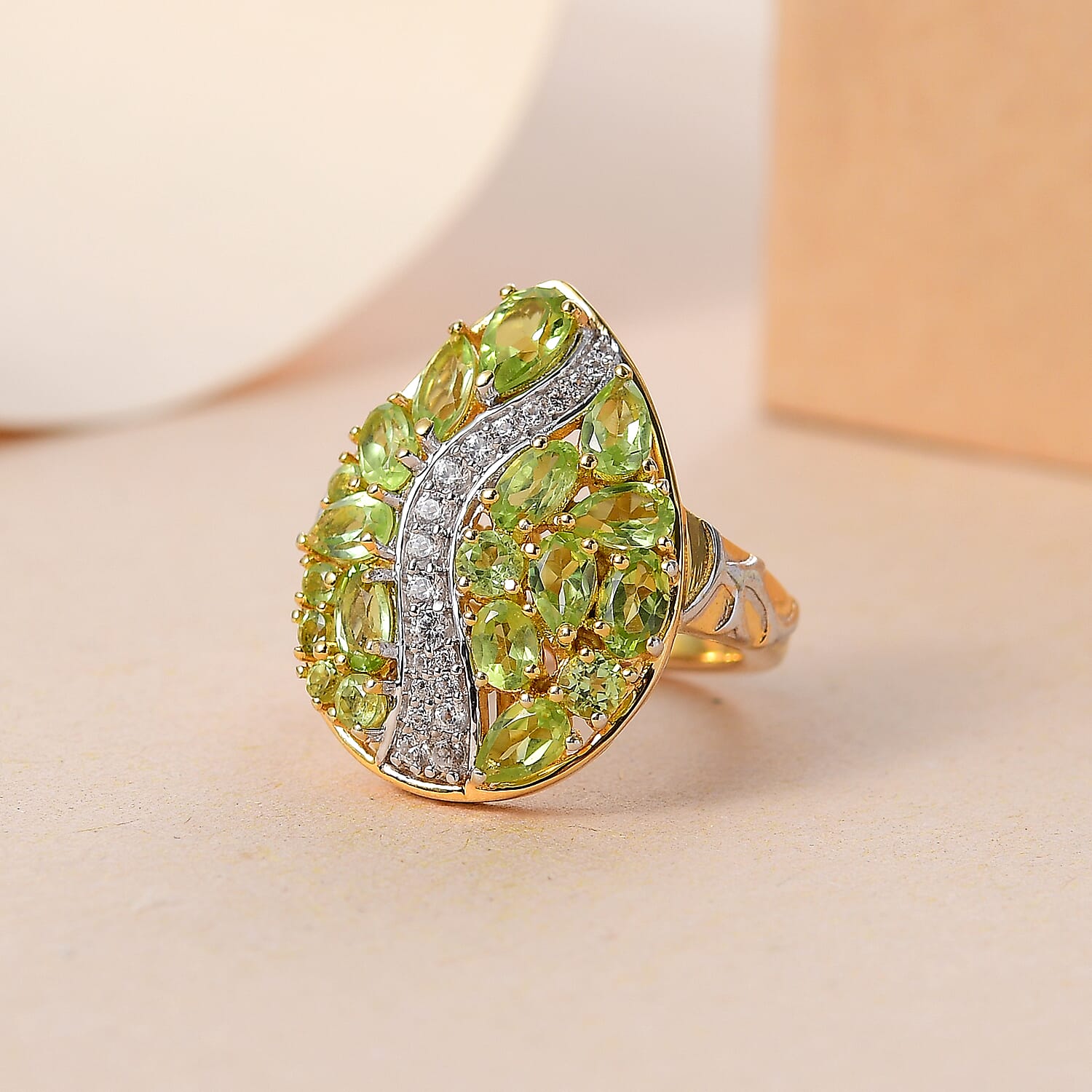 GP Peridot, Blue Sapphire, White Zircon Cluster Ring in 18K Vermeil Yellow Gold & Rhodium Overlay Sterling Silver 3.90 Ct.