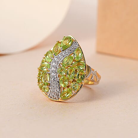GP Peridot, Blue Sapphire, White Zircon Cluster Ring in 18K Vermeil Yellow Gold & Rhodium Overlay Sterling Silver 3.90 Ct.