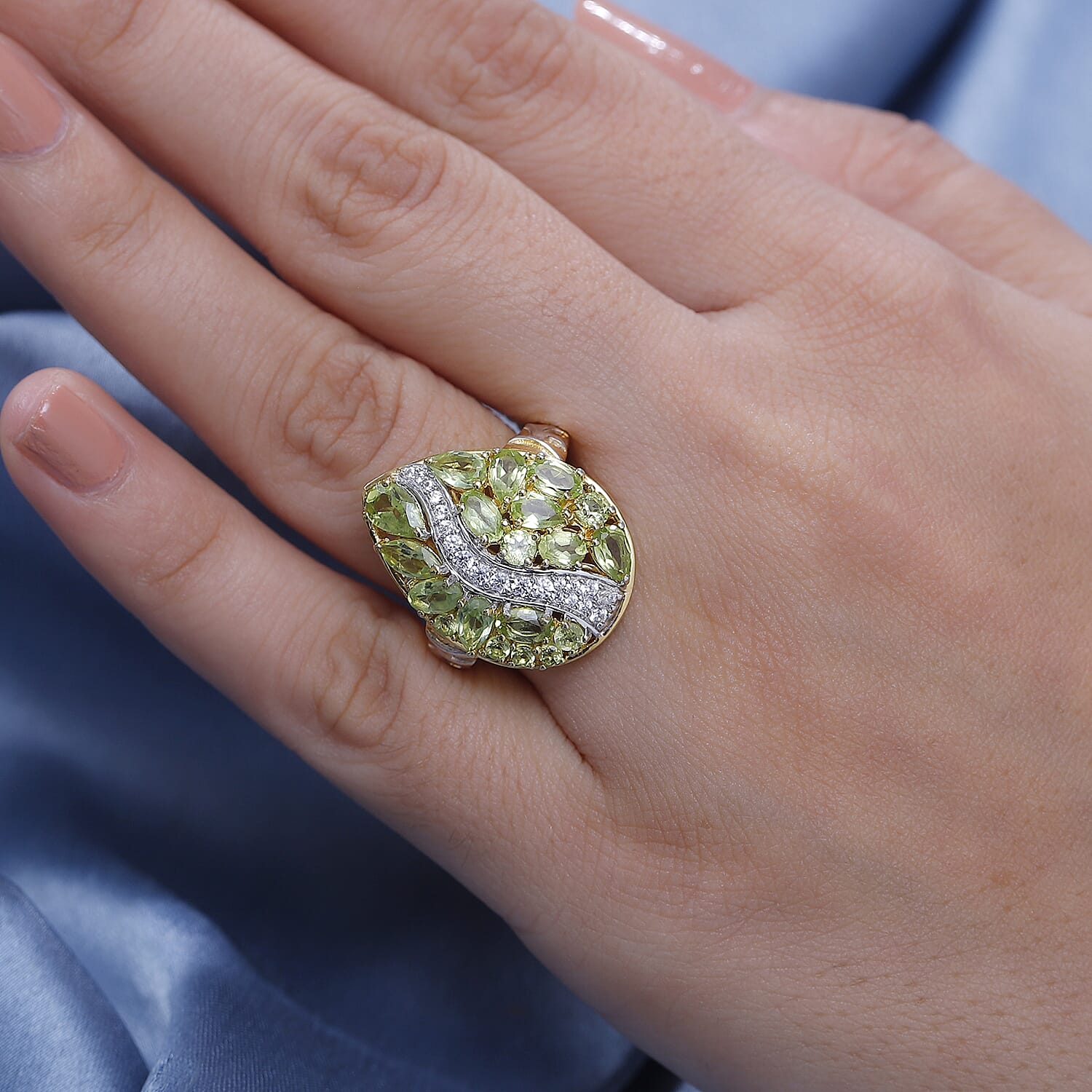 GP Peridot, Blue Sapphire, White Zircon Cluster Ring in 18K Vermeil Yellow Gold & Rhodium Overlay Sterling Silver 3.90 Ct.