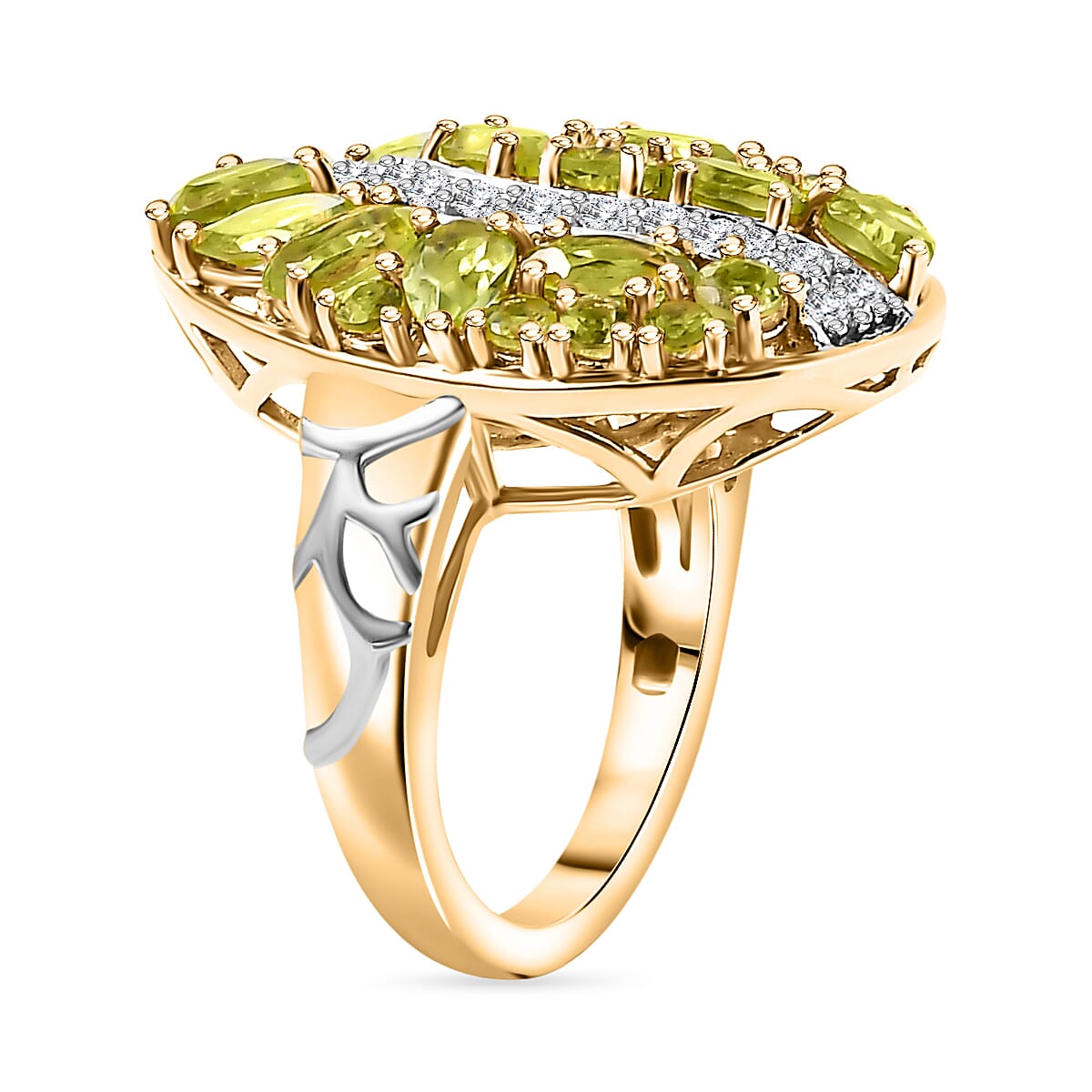 GP Peridot, Blue Sapphire, White Zircon Cluster Ring in 18K Vermeil Yellow Gold & Rhodium Overlay Sterling Silver 3.90 Ct.
