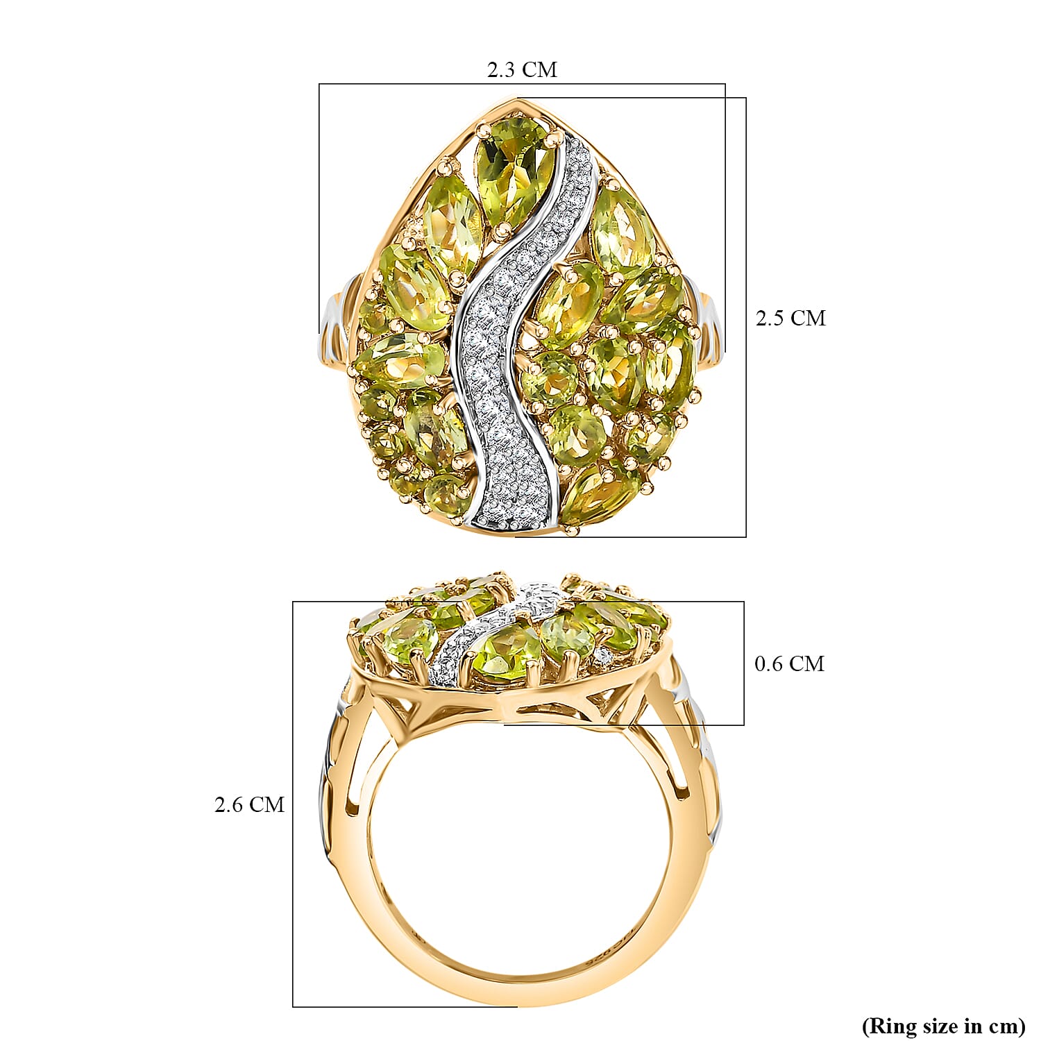 GP Peridot, Blue Sapphire, White Zircon Cluster Ring in 18K Vermeil Yellow Gold & Rhodium Overlay Sterling Silver 3.90 Ct.