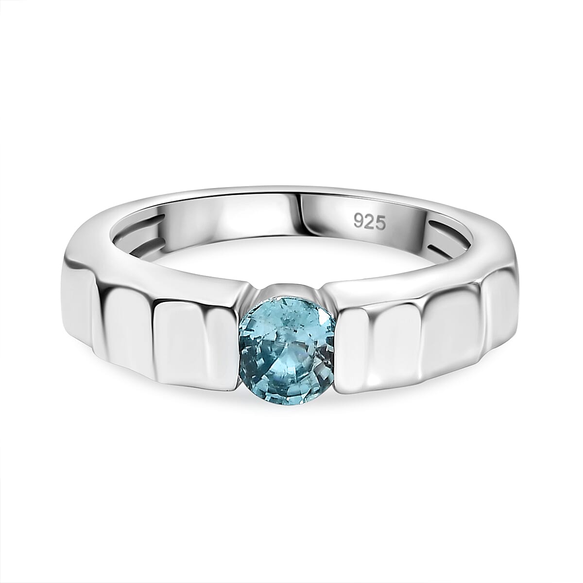 Blue Zircon Solitaire Ring in Rhodium Overlay Sterling Silver 7861415 TJC