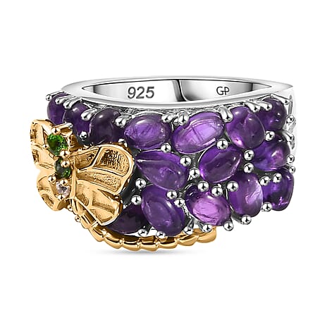 GP Italian Garden Collection - Amethsyt, Chrome Diopside & Zircon Libellula Ring in Rhodium Overlay & 18K Gold Vermeil Sterling Silver