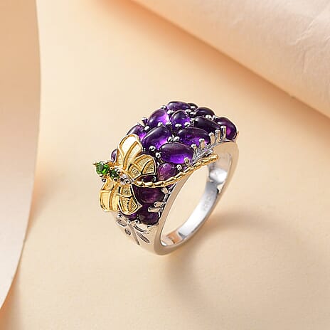 GP Italian Garden Collection - Amethsyt, Chrome Diopside & Zircon Libellula Ring in Rhodium Overlay & 18K Gold Vermeil Sterling Silver