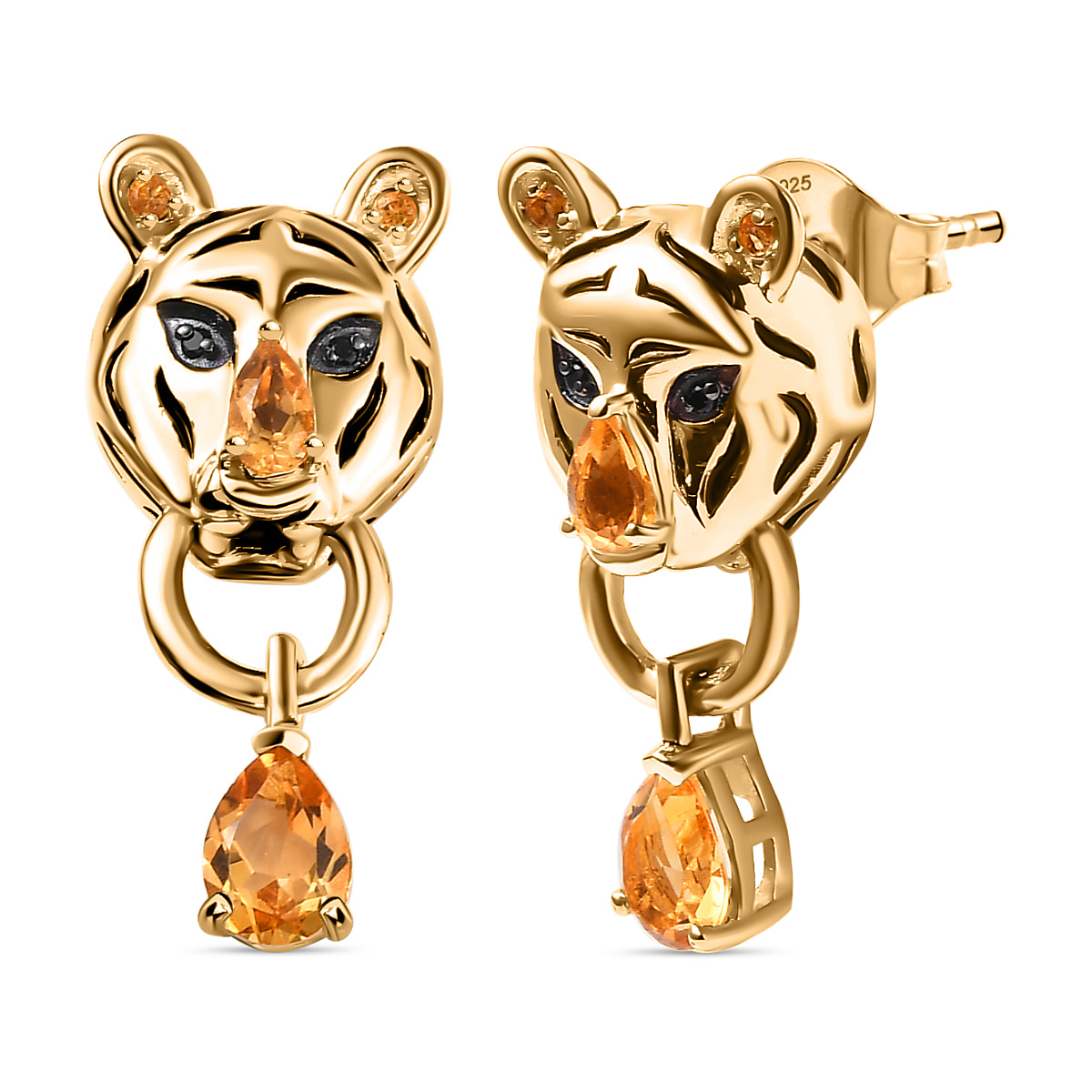 GP Tiger Totem Collection - Citrine & Black Spinel Tiger Head Earrings in 18K YG Vermeil Sterlng Silver