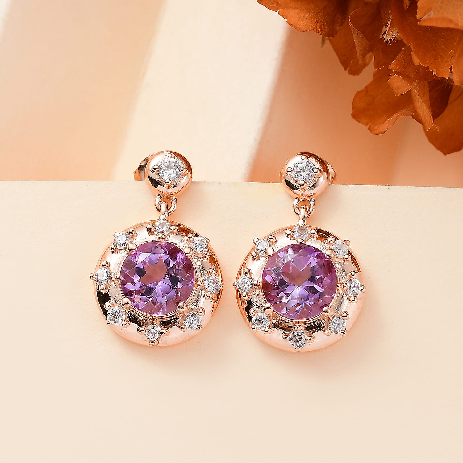 Bamboo Structure Inspired Natural Rose De Morocco Amethyst & White Zircon Dangling Earring in 18K Vermeil Rose Gold Plated Sterling Silver 4.70 Ct.