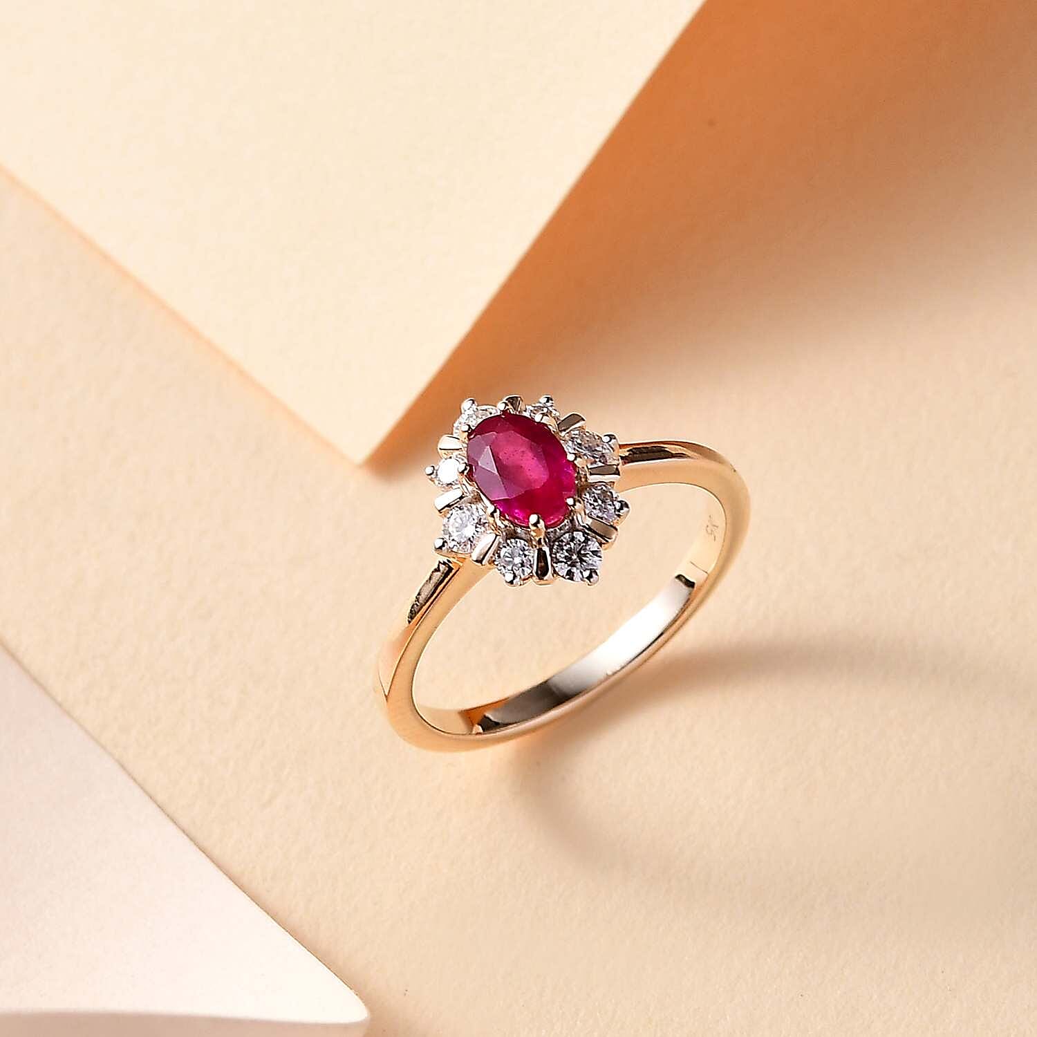 9K Yellow Gold Ruby, Moissanite Ring
