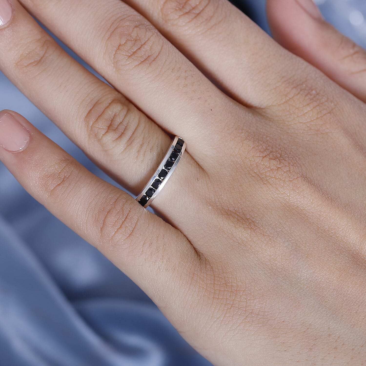 Black Spinel Half Eternity Band Ring in Sterling Silver